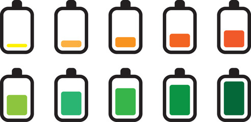 Battery Level Rounded Edge Icons Set - Battery Charge Status from Low to Full with Colors - Power Energy Indicators for UI, UX, Mobile Apps, Devices, Web Interfaces, and Technology Design