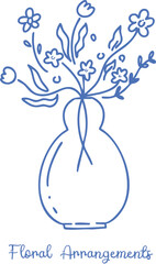 Blue florals arrangement in pot hand drawn quirky clipart playful artistic for decorative design