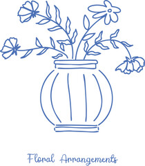 Blue florals arrangement in pot hand drawn quirky clipart playful artistic for unique decorative design