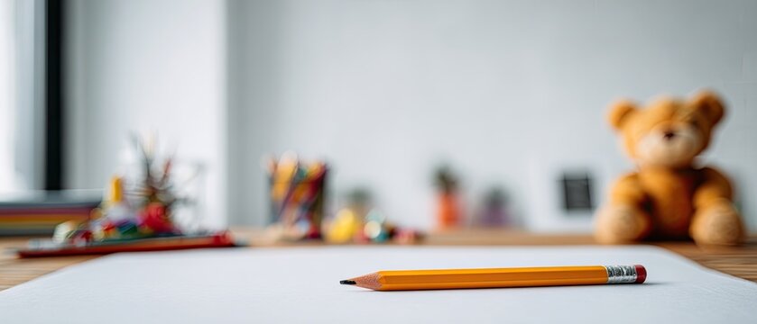 A single yellow pencil rests on a sheet of white paper on a wooden table.  Blurred items, including colored pencils, plants, and a teddy bear, are in the background