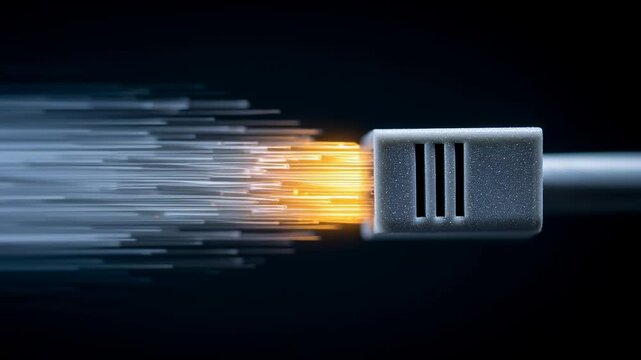 Internet speed test, Internet speed test concept with glowing ethernet cable connector showing fast data transfer and high internet speed test using