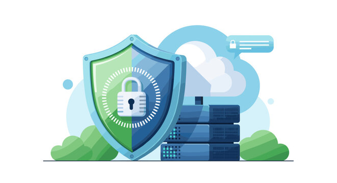 This modern flat illustration showcases robust digital security protecting sensitive data within a secure cloud computing environment and server infrastructure.