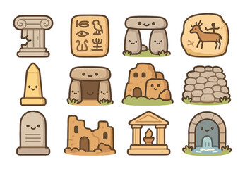 Ancient architecture flat icons set. featuring column, hieroglyphs, dolmen, petroglyph, obelisk, monument.