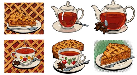 Cozy autumn treats apple pie slices and hot tea in teapots and cups