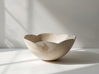 Sculptural Vessel with Scalloped Edge, Neutral Tones and Subtle Shadow Play.