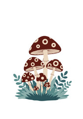 Fototapeta premium A mystical cluster of woodland fungi with speckled caps and lush green foliage