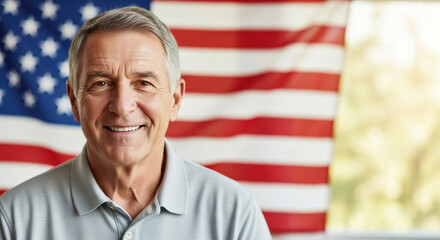 Portrait on Veterans Day with an older man smiling, framed by American flag backdrop. Veterans Day is a celebration of service and sacrifice.