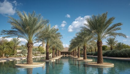 Fototapeta premium A Tranquil Oasis Serene Water and Palm Trees Reflect a Blue Sky, a Moment of Peace.