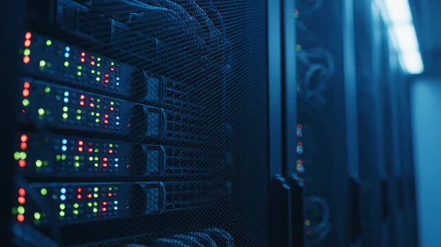 Server room with blinking lights and cables in blue lighting  