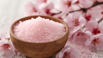 Serene Still Life. Wooden Bowl with Textured Pink Crystals, Floral Accents.