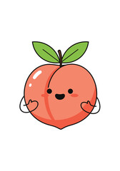 Cute kawaii peach character with happy face and leafy green top delicious fruit
