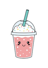 Cute kawaii strawberry milkshake drink with whipped cream and sprinkles