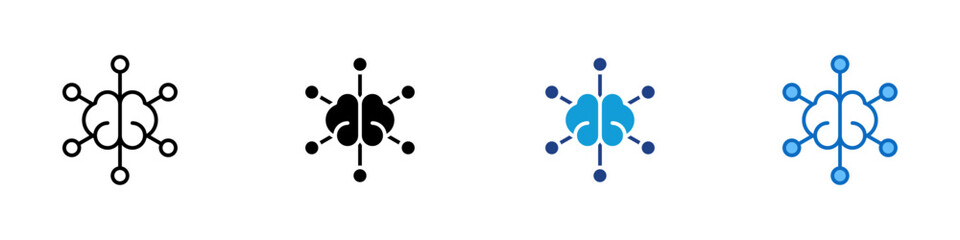 Brain Network Multiple Style Icon Design Vector - Brain connected to multiple nodes, representing neural connections, intelligence, or machine learning