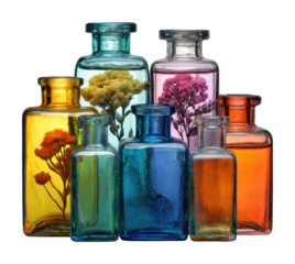 Colorful glass bottles with dried flowers still life artistic isolated on transparent background