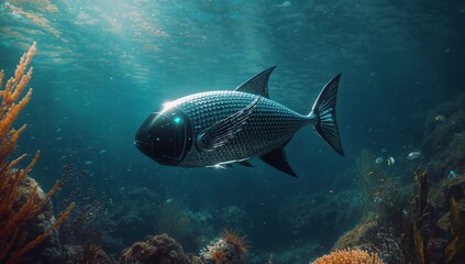 Fototapeta premium Aquatic Cybernetics. A Metallic Fish Amidst Coral Reefs, Shimmering Scale Texture.