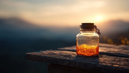 Amber glass jar, sunset backdrop