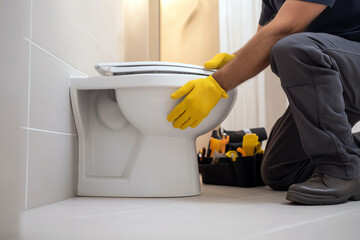 Plumber in gloves kneeling on the floor while installing or replacing a toilet in a clean tiled bathroom.