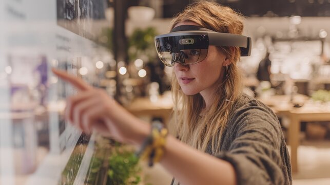 Medium shot of a woman interacting with a virtual personal shopper AI on her tablet fashion items blurred in the background highlighting personalized style advice.