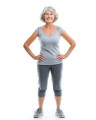 Fototapeta premium An active older woman stands confidently, promoting health and wellness in senior fitness and lifestyle choices.