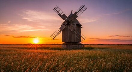 Fototapeta premium Rustic windmill stands silhouetted against a vibrant sunset in a golden wheat field