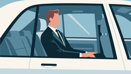 Business figures, sitting in a business car, reviewing documents, driving, flat design, vector illustrations