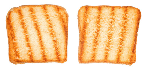 Two slices of toasted bread with grill marks Isolated on white background, top view.