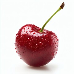 Perfect Droplet Adorning Ripe Cherry: Isolated Studio Macro Shot with Subtle Gloss and Highlights, f/8 Focus