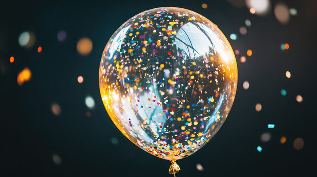 Clear balloon filled with gold confetti floats against a dark background