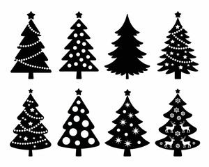 Illustration of eight christmas trees with various decorations in black and white silhouette style design