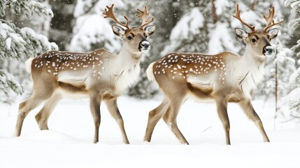 Beautiful winter scene featuring peaceful deer grazing in snow-covered forest landscape with majestic antlers and serene wildlife photography appeal