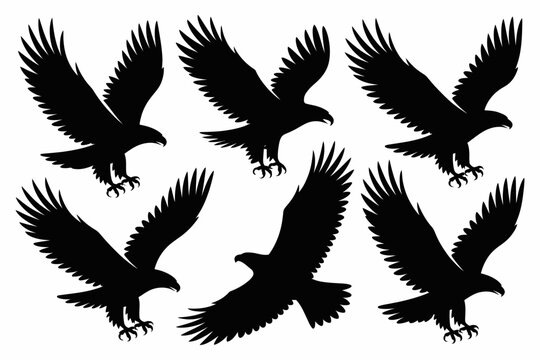 Six black eagle silhouettes in flight with wings spread against a white background in a dynamic pattern