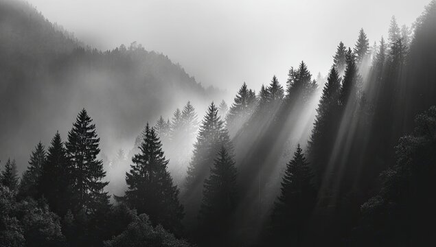 Misty mountain valley, sunbeams piercing a dense forest