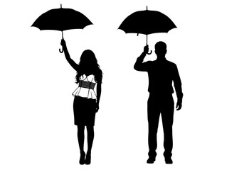 Silhouette of a woman in dress and a man in shirt holding umbrellas on a white isolated background