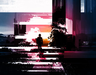 複数の自分がピクセル単位で同時に存在し、次第に一つに収束せずに乱れる。分裂した意識、哲学的な影との対話、自己の多重構造