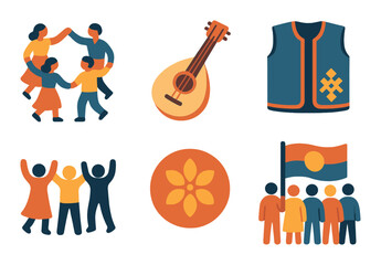 Cultural celebration silhouette icon set. featuring dance, music, vest, crowd, flower, and flag symbols.