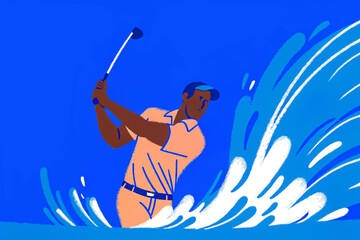 golfer swinging club to hit ball, dynamic sports action