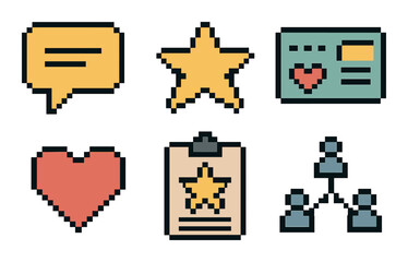 Business communication pixel icon set. featuring chat, star, id, heart, clipboard, and team symbols.