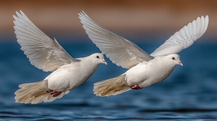 Fototapeta premium Two White Doves in Flight Over Water