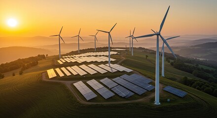 Renewable energy farm at sunrise