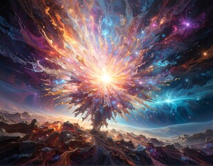 A vibrant, abstract cosmic tree erupting with colors and light, amidst a starry landscape