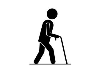 Silhouette of an elderly person using a cane for support while walking on a flat surface design