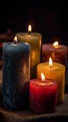 Colorful candles lit with warm flames create a cozy atmosphere in a dimly lit setting during an evening gathering with friends and family