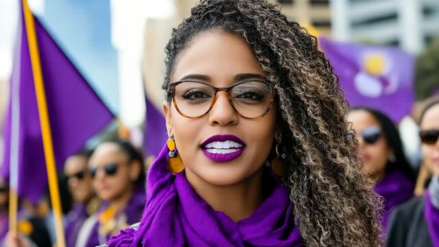 Participants march in unity wearing purple, showcasing solidarity for a cause in the heart of the city during the daytime