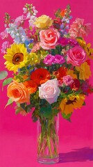 Fototapeta premium Colorful bouquet of flowers in a glass vase against a bright pink background, celebrating nature's beauty
