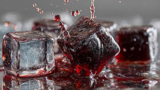 Ice cubes splashing in crimson liquid create a vivid contrast on a reflective surface during a creative culinary exploration
