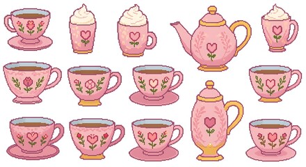 Charming pink teacups and teapot collection with floral designs