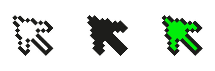Pixel Art Mouse Pointer Icon Set. Arrow Cursor Symbols In Pixelated Style. Includes White, Black, And Green Variations. Isolated Vector Illustration