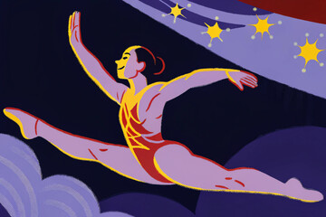 gymnast performing split leap in mid-air, graceful athletic pose