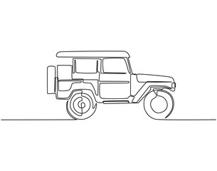 Continuous line drawing of jeep car. Single line illustration of offroad jeep. Adventure offroad vehicle concept. Editable outline