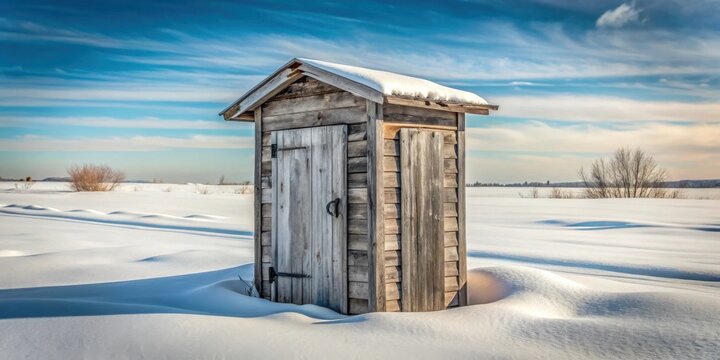 Rustic wooden outhouse nestled in a snowdrift under a vibrant winter sky